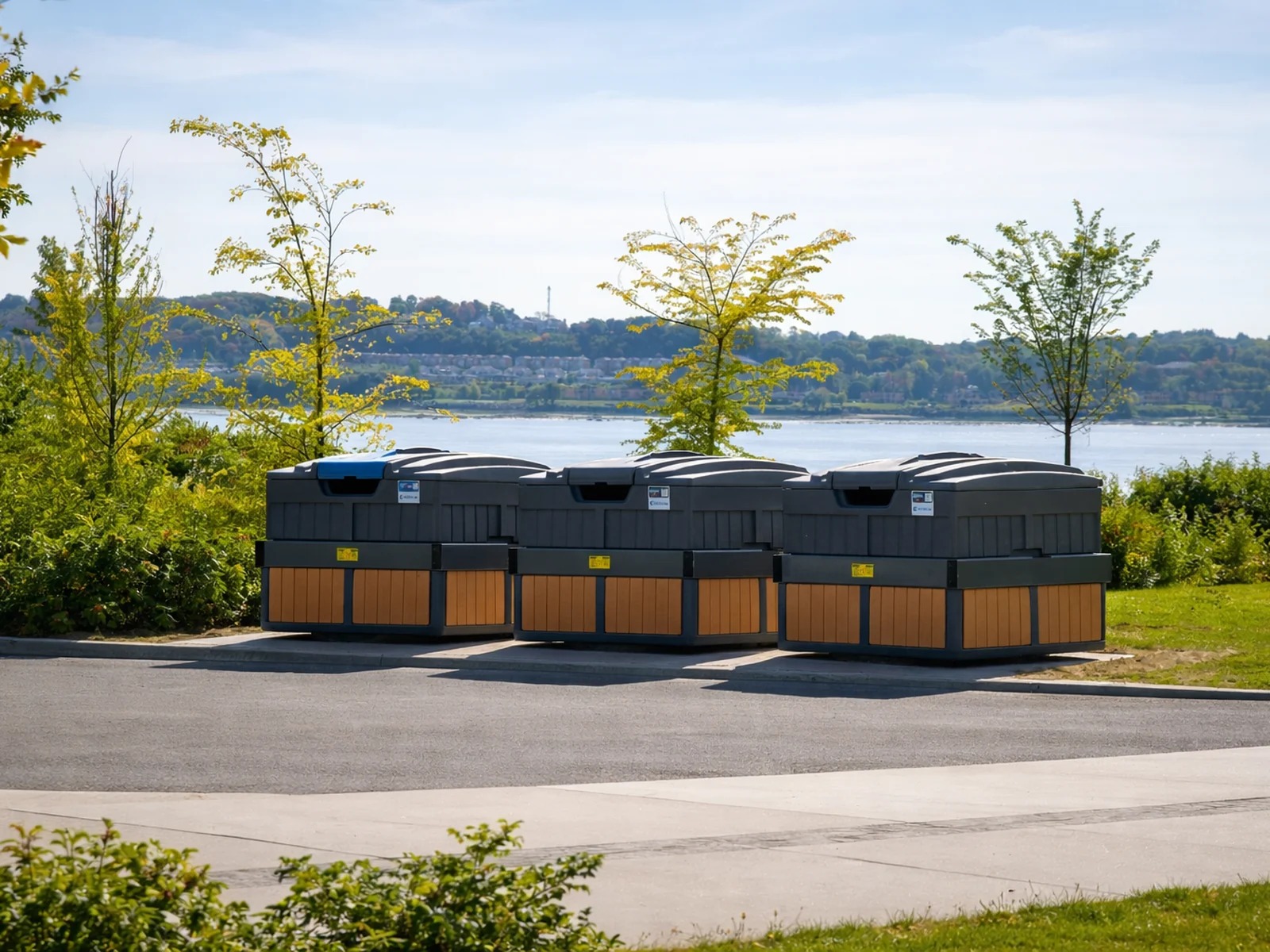 Trois conteneurs CUBE semi-enfouis 8 v�?????�????�???�??�?�³ Ecoloxia avec panneaux cedre rouge installes dans un parc a�?????�????�???�??�?� Quebec, en bordure du fleuve Saint-Laurent